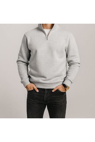 Yarım Fermuarlı Erkek Polar Sweatshirt - Sıcak Tutan , Rahat Kalıp Açık Gri