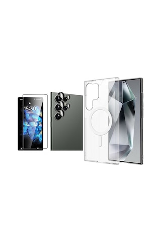 Vendas Galaxy Uyumlu S24 Ultra Kılıf Kamera Korumalı M-safe Sert Pc Sararma Yapmayan Porto Kapak + Kamera Lens + Cam Ekran Koruyucu Şeffaf