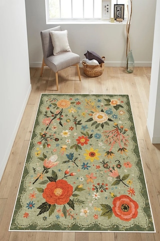 Floral Desen Baskılı Kaymaz Yıkanabilir Salon Oturma Odası Mutfak Antre Halısı Yolluk Yeşil