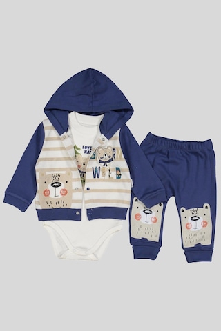 Kamp Desenli Kapüşonlu % 100 Pamuk Erkek Bebek Takımı Lacivert