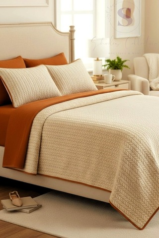 Turuncu-krem Örgü Desen Çift Kişilik Nevresim Takımı Pike Tkm Çok Renkli