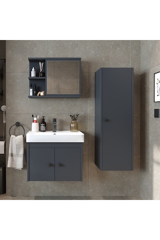 Ada Lavabolu Banyo Alt Dolabı + Banyo Üst Dolabı + Boy Dolabı Ant Antrasit