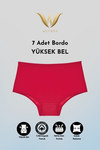 Wcreas Yüksek Bel Pamuklu Kadın Külot, 7'li Paket Pamuklu Yumuşak Kumaş Kadın Külot Bordo