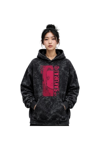 Sevbano Sakura Haruno Naruto Anime Baskılı Unisex Oversize Yıkamalı Premi Siyah