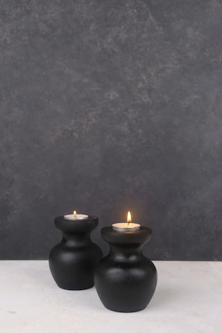 2 Li Siyah Büyük Nar Model Tealight Ahşap Şamdan Seti Dekoratif