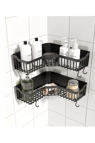 Yapışkanlı Banyo Sabunluk Şampuanlık Organizer Köşesi 1 Adet Siyah