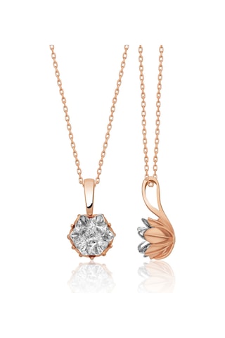 Rose Altın Kaplama Beyaz Lotus Çiçeği Kadın Kolye Yüzük  Set Rose Gold