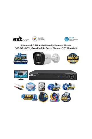 8 Kameralı 2 Mp Ahd Güvenlik Kamera Sistemi 500gb Hdd'li, Gece Renkli - Sessiz Sistem - 20 İnç Monit
