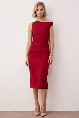 Benerly Kadın Asimetrik Yaka Kolsuz Vücudu Saran Bodycon Kalıp Midi Dokum Bordo