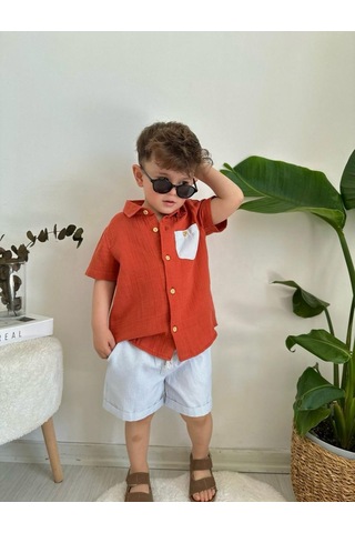 Minaz Baby Kiremit Çizgili Şortlu Takım Kiremit