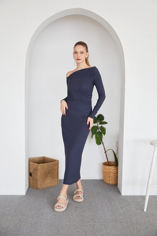 Fullamoda Bürümcük Kumaş Drapeli Kayık Yaka Bluz 25ygb650128140-indigo Indigo