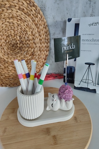 Purida Design Dekoratif Sevimli Kedi Kalemlik Ve Notluk Seti Mor