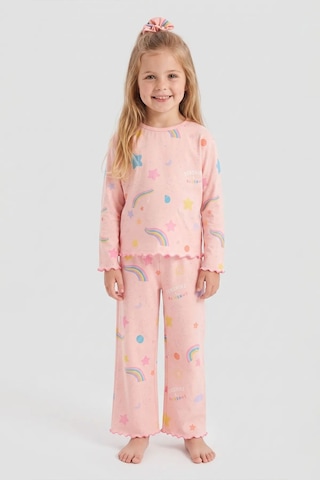 Zuzunga Kız Çocuk Gökkuşağı Desenli Beybi Overlok Somon Pijama Takımı Toka Hediyeli