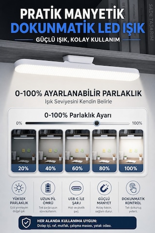 3 Modlu Şarjlı Manyetik Tezgah Altı Lamba Aplik Parlaklık Işık Rengi Ayarlanabilir 28 Cm 1613 Beyaz