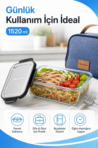 1520 Ml Kilitli Cam Saklama Kabı İnoks Kapaklı Yemek Ve Kahvaltılık Kabı Şeffaf