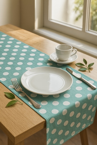 Su Yeşili Puantiyeli Pamuklu Şık Masa Runnerı 50x150 Cm Modern Ve Zarif Masa Örtüsü Runner Su Yeşili Puantiyeli