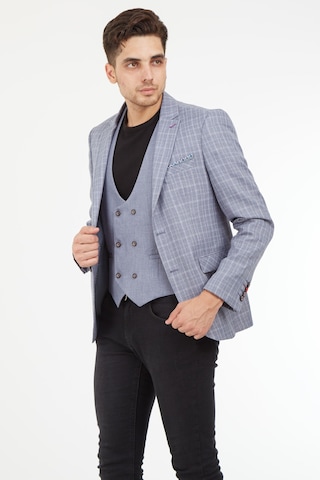 Sposo 5140 Yelekli Dar Kalıp Gri Ekose Erkek Blazer Ceket Gri