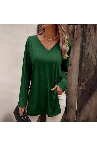 Hnxc Kadın Moda Günlük Yaz Düz Renk Baskı Uzun Kollu V Yaka Bluzlar Ve Gömlekler Yeşil