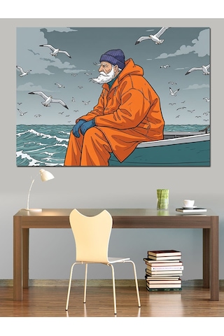 Ahşap Tablo Balıkçı Ve Deniz Kenarında Yalnızlık