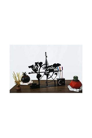 Risingmaber Dekoratif Metal Siyah Pusula Dünya Haritası Biblo Kart Ve Kalemlikli 33x36 Standart