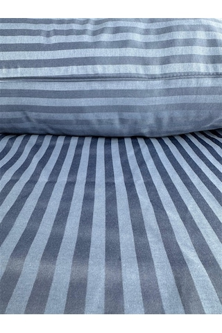 Çizgili Saten Indigo Mavi 2 Adet 50x70 Yastık Kılıfı Mavi
