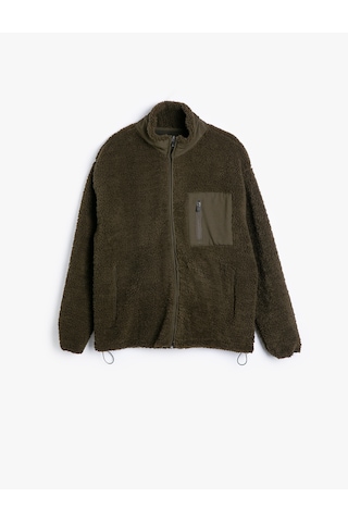 Koton Dik Yaka Fermuarlı Cep Detaylı Kalın Kumaşlı Oversize Peluş Spor Ceket Haki 5wam20008nk