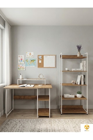 Vien 2 Set Kitaplıklı Masa Raflı Çalışma Masası 5 Raflı Kitaplık Monitör Yükseltici Beyaz - Çam