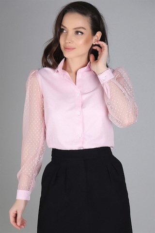 Sweetness Kadın Pudra Pembe Tül Kollu Uzun Kol Gömlek Pembe