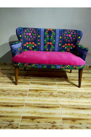 Azra Mobilya - Roma Çay Seti Koltuk Takımı - Babyface Kumaş - Ahşap Demonte Ayak Etnik Desen Fuşya