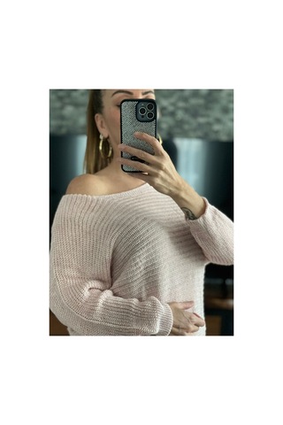 Wellway Kayık Yaka Simli Kumaş İnce Triko Kazak-pembe Pembe