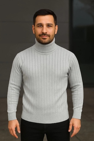 Efnaz Style Erkek Balıkcı Yaka Bağazlı Triko Kazak Pamuklu Kalın Fitilli Dokuma, Regular Fit Uzun Kollu Kışlık Model - Gri