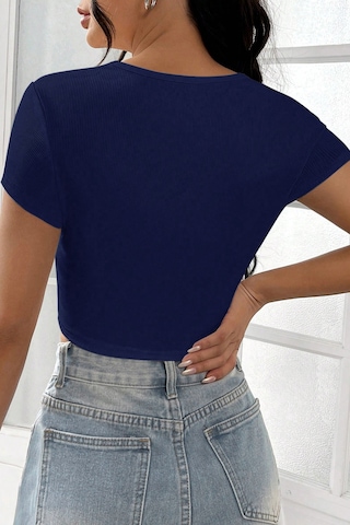 Fantezia Night Kadın Lacivert Yarım Kol Düz Yaka Crop Top Bluz