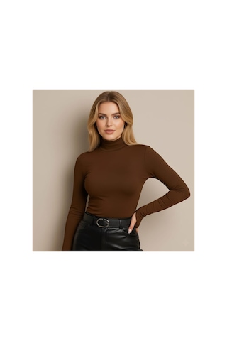 Unika Boutique Uzun Kol Dik Yaka Parmak Geçmeli Body T-shirt Kahverengi