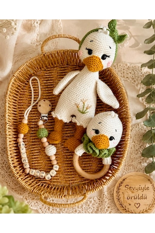 Amigurumi Organik Ördek Kaz Bebek Hediye Seti Çıngırak - Emzik Zinciri ve Uyku Arkadaşı