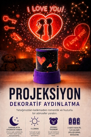 Projeksiyon Dekoratif Aydınlatma Kalp Yıldız I Love You Temalı 3d Yansıtma Gece Lambası 2 Modlu Kırmızı