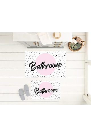 Bathroom Yazılı Banyo Paspası, Dekoratif Paspas, Yıkanabilir, Beyaz