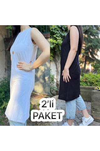 Kadın Sıfır Kol Penye Uzun Tunik İçlik Siyah Beyaz 2 Adet 001