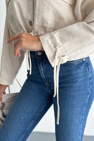 Femelle Kadın Bej Bel Büzgülü Saçaklı %100 Pamuk Crop Ceket