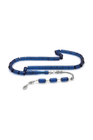 925 Ayar Gümüş Püsküllü Kesme Kesim Mavi Ateş Kehribar Tesbih