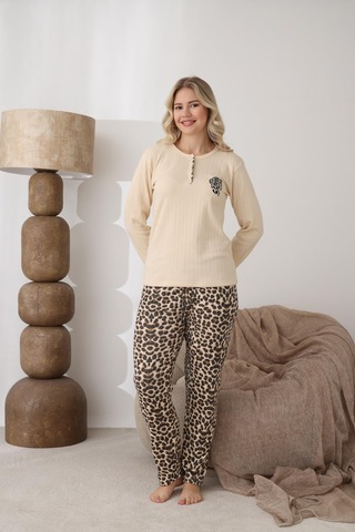 Lindros Kadın Pamuk'lu Düğme Yaka Raporlu İnterlok Kışlık Pijama Takımı 06043 - 1 Adet Ekru