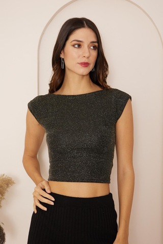 Darlin Moda Kadın Siyah Gold Simli Sırt Dekolteli Crop Bluz Dm8001 Siyah