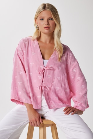 Ritnice Kadin Flora Müslin Kabartma Dokulu Pembe Kimono Pembe