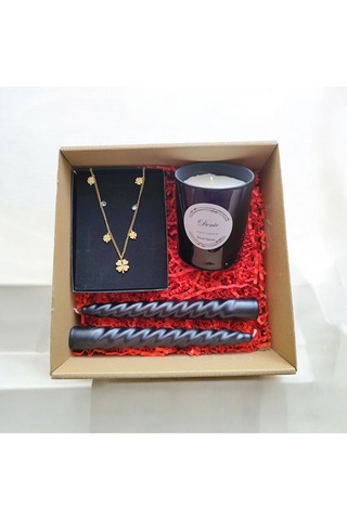 Denic Hediye Seti Kokulu Siyah Bardak Mum Yonca Kolye Burgulu Mum