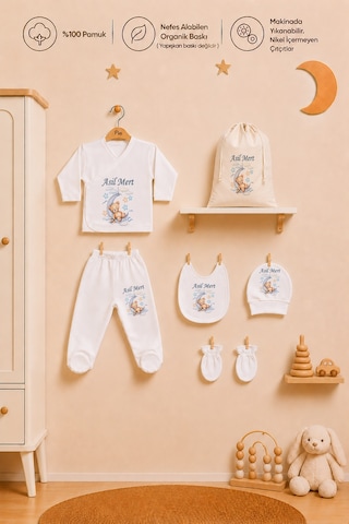 Pia Baby İsme Özel Erkek Bebek Hastane Çıkışı 6 Parça Zıbın Takımı Pamuk Organik Baskılı Erkek Bebek 1020zk3x Ekru
