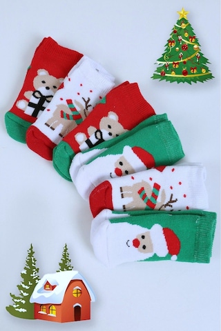 Pamuklu 6'lı Yılbaşı Noel Baba Kışlık Havlu Yenidoğan Bebek Çorap "Karışık Renkli"