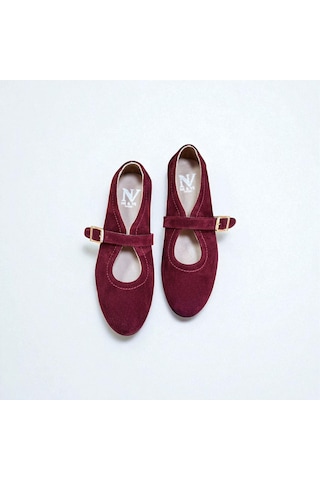 Ne&ve Shoes Bordo Süet Hakiki Deri Tokalı Kadın Babet