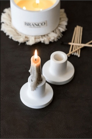 2'li Beyaz Betondan Şamdan Mumluk, Şamdan Mumluk, Beyaz Uzun Mumluk, Minimal Şamdan Mumluk. Beyaz