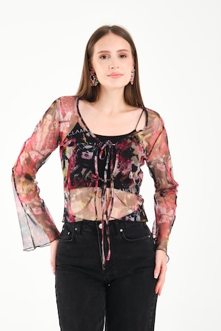 Önü Bağcıklı Tül Bluz Pembe