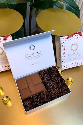 Premium Gift Rose Box - Lily Taba Hakiki Deri Cüzdan Kahverengi Gül Kutusu Taba