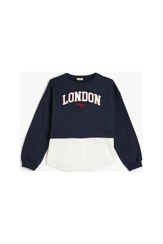 Koton Kız Çocuk Sweatshirt London Şehir Baskılı Bisiklet Yaka Gömlek Etek Ucu Detaylı Şardonlu Lacivert